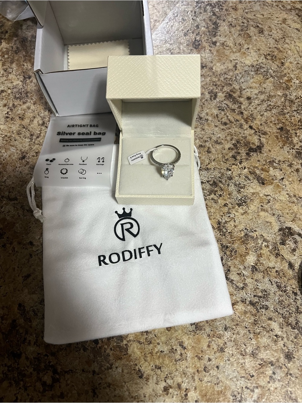 Rodiffy Silver Teardrop CZ Engagement Ring - Clear. Size 9 - Picture 3 of 10